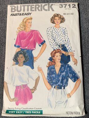 Butterick 3712 Fast & Easy Sewing Pattern Women's Shirt Size 18-20-22 Uncut 1980